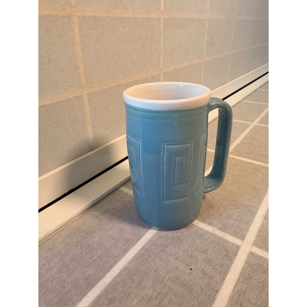 VintageArtisan Espresso Ceramic Mug Blue Greek Key Pottery Artisan Signed